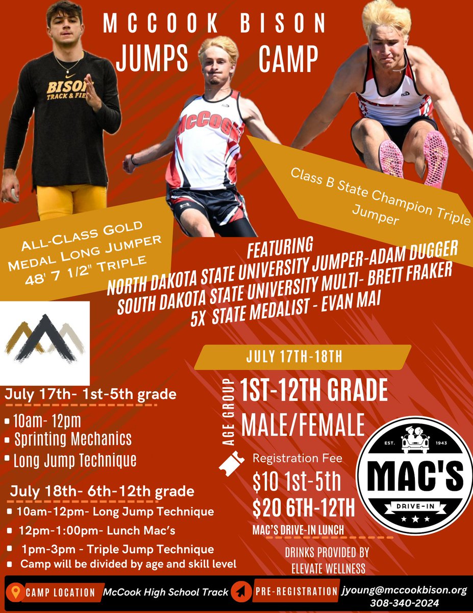 🚨DONT WANT TO MISS THIS OPPORTUNITY! Mark the Calendar- July 17th and July 18th Jumps Camp for all ages @ McCook High School. Registrations are limited. Pre-register by email <a href="/BrettFraker22/">Brett Fraker</a> <a href="/Dugger5Adam/">Adam Dugger</a> <a href="/1EvanMai/">Evan Mai</a> <a href="/PrepRunningNerd/">Prep Running Nerd</a> <a href="/KNOPNews2/">KNOP News 2</a> <a href="/NTVNEWS/">NTV News</a> <a href="/mccookgazette/">McCook Gazette2</a> <a href="/McCookSchools/">McCookPublicSchools</a>
