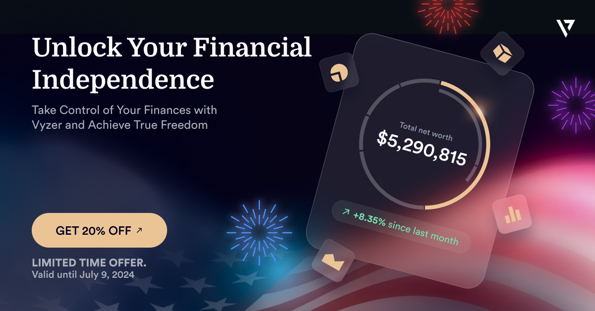 VyzerFinance's tweet image. Celebrate the 4th of July with Vyzer! Get 20% off all plans and unlock your financial independence. Stay on top of your wealth and achieve true freedom. Offer valid until July 9, 2024. Don’t miss out! go.vyzer.co/Happy4th

#FinancialFreedom #IndependenceDay #Vyzer #Sale