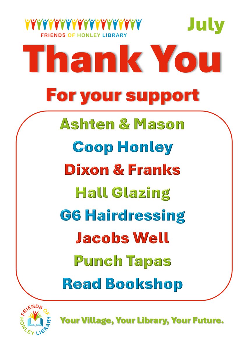 🌟 Huge thanks to our June supporters! 🌟

Special shoutout to:

Ashten &amp; Mason
Coop Honley
Dixon &amp; Franks
Hall Glazing
G6 Hairdressing
Jacobs Well
Punch Tapas
Read Bookshop

Your contributions make a big difference! 📚❤️

#ThankYou #SupportLocal #HonleyLibrary #Honley