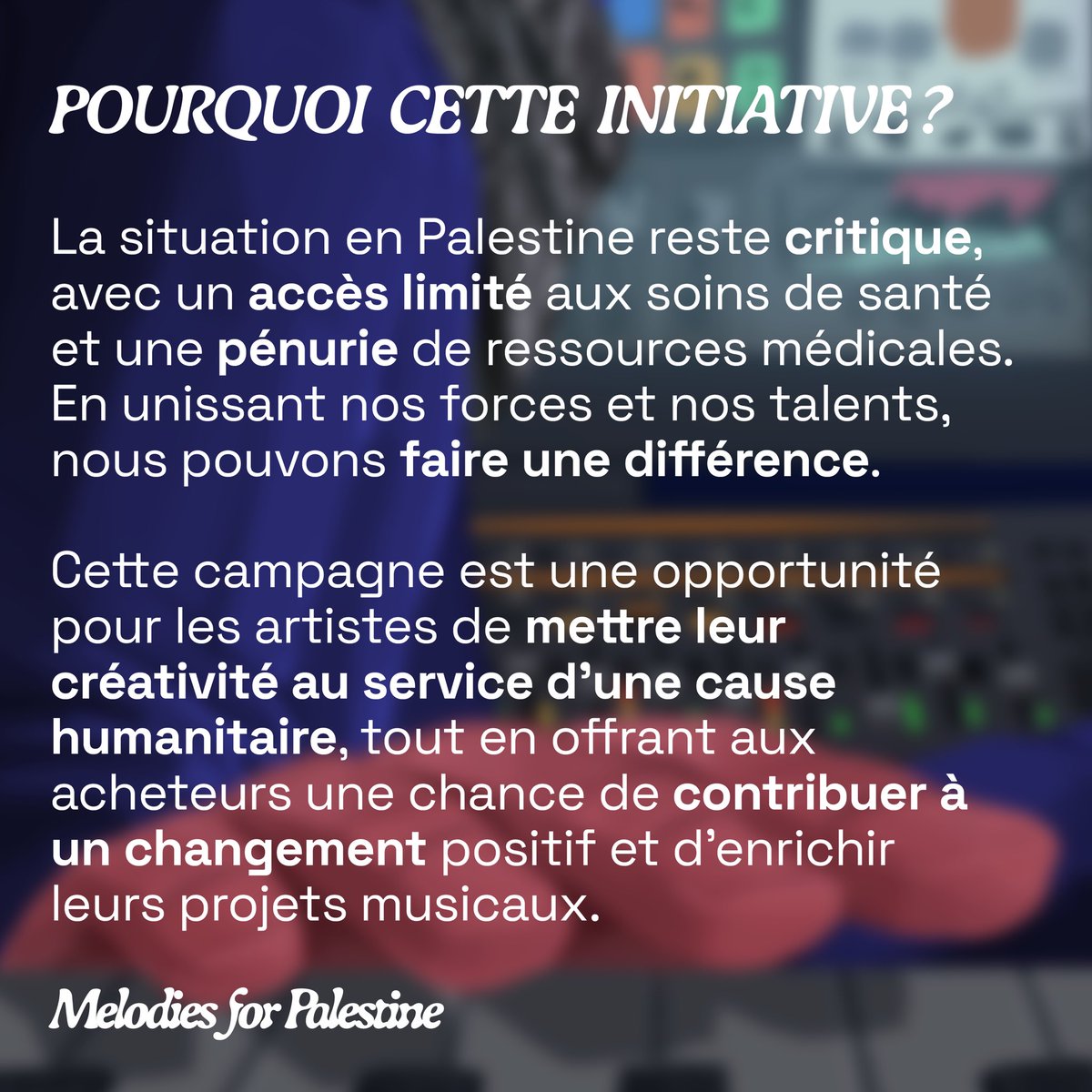 sobekalaprod's tweet image. Je suis ravi de vous présenter « Melodies for Palestine » : une initiative qui rassemble près de 59 compositeurs pour participer au financement de l’association « Medical Aid for Palestine ».

Toutes les instrumentales sont disponibles sur le lien Beatstars dans ma bio.