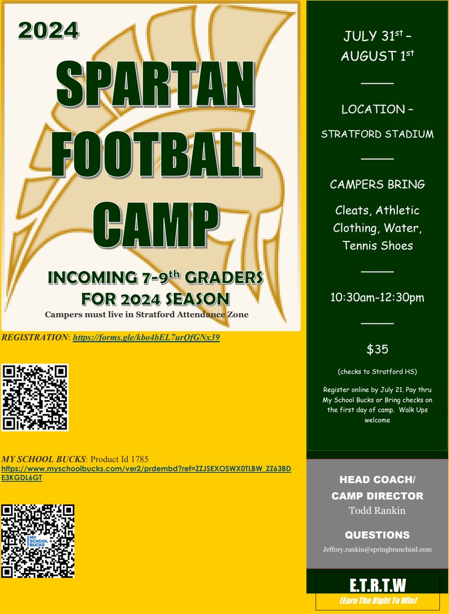 Stratford Spartan Football (@stratfordfb1) on Twitter photo Future Spartans, come work with our <a href="/StratfordFB1/">Stratford Spartan Football</a> staff and players! We have camps for 3rd - 6th grade and 7th - 9th grade coming up at the end of July. Flyers are attached. Come show what you can do! #SpartanPride
3-6: forms.gle/PiVVrLb3PhWAh3…
7-9: forms.gle/kbo4bEL7urQfGN… Future Spartans, come work with our <a href="/StratfordFB1/">Stratford Spartan Football</a> staff and players! We have camps for 3rd - 6th grade and 7th - 9th grade coming up at the end of July. Flyers are attached. Come show what you can do! #SpartanPride
3-6: forms.gle/PiVVrLb3PhWAh3…
7-9: forms.gle/kbo4bEL7urQfGN…
