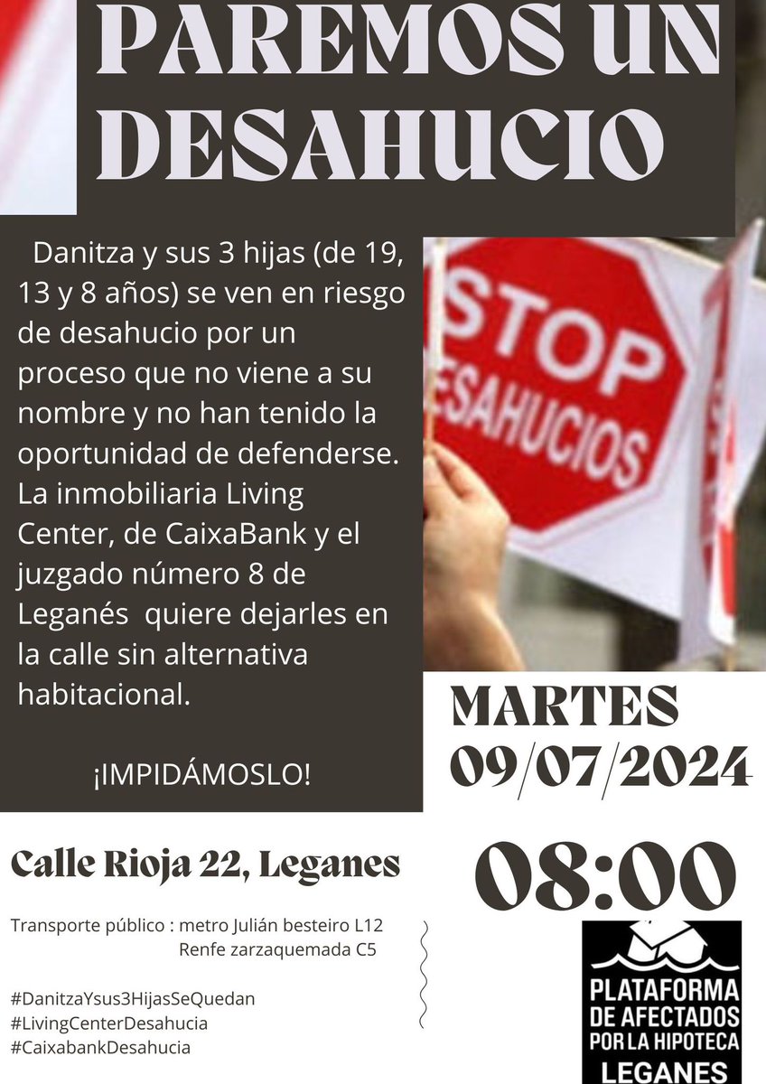 PahLeganes's tweet photo. #AlertaDesahucio

Convocamos #StopDesahucios este martes #9Junio de #DanitzaYsus3HijasSeQuedan en #Leganes

LivingCenter, inmobiliaria de CaixaBank, quiere dejarles en la calle y el juzgado n°8 de Leganés no les ha dejado ni defenderse en el proceso, que viene a nombre de otros https://t.co/L6fnCRP01T