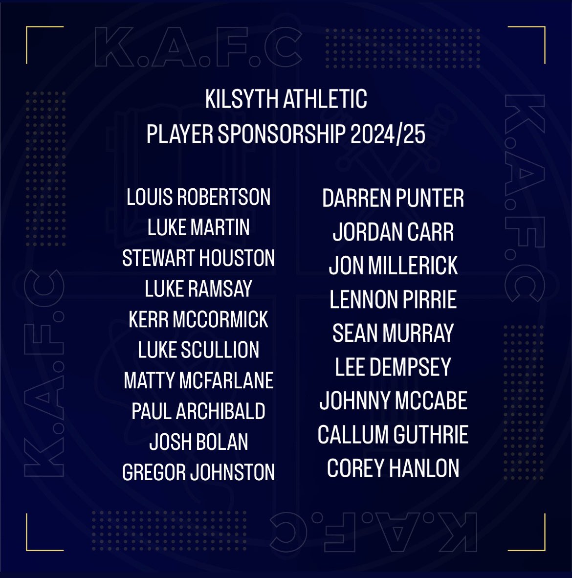 🚨Player Sponsorship! 🚨

Player sponsorship is now available for our upcoming 24/25 season in the <a href="/OfficialWoSFL/">West of Scotland Football League 🏴󠁧󠁢󠁳󠁣󠁴󠁿</a> Third Division!

The cost of sponsoring any of the players listed below, is £150! 

For more information please get in touch via DMs or contact manager Bailey Hanlon