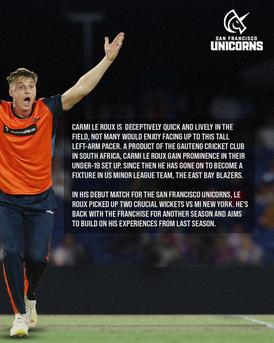 SFOUnicorns's tweet image. Wickets at the top 💥

#GetToKnow Carmi (Car-My) 🙌

#SFUnicorns #GoCorns #MLC2024 #CognizantMajorLeagueCricket