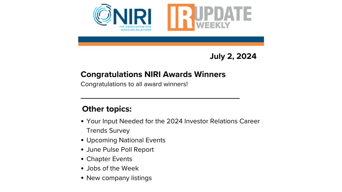 Check your email inbox today for IR Update Weekly. #NIRI #IRChat niri.org/resources/publ…
