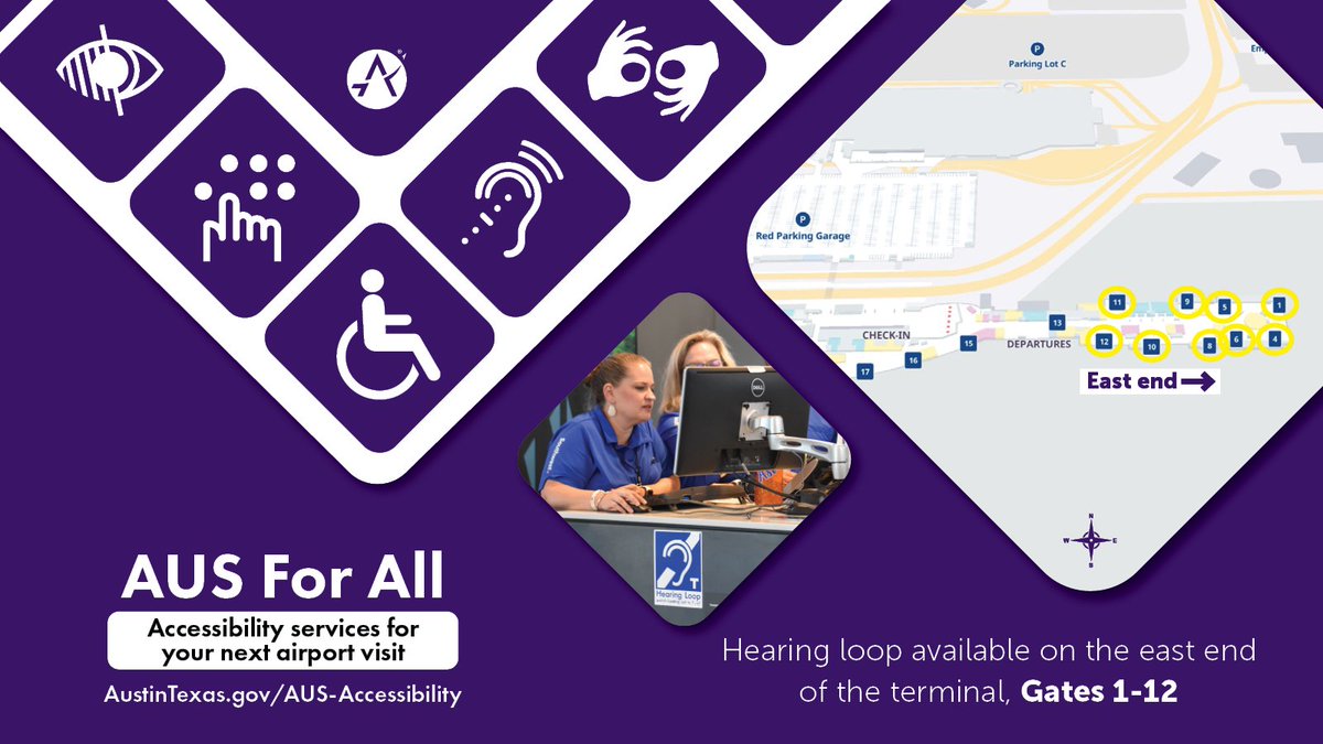 AustinAirport's tweet image. Our terminal is designed with accessibility in mind!
🔹 Contrasting floor surfaces for visual impairments
🔹 Escorts for visual/mobility impairments
🔹 Hearing loop on the east side
Your comfort and safety are our priorities. More info: tinyurl.com/bdhjf3wz