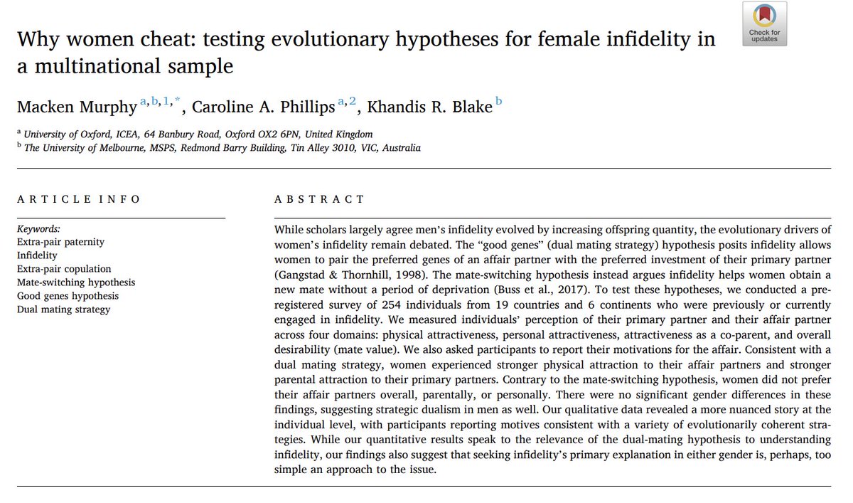 MackenMurphy's tweet image. People who cheat are generally more physically attracted to their affair partners—but see their primary partners as better parents—suggesting infidelity serves a dual-mating strategy.
No evidence for the mate-switching hypothesis.
New from the Evolution Lab. (1/13)