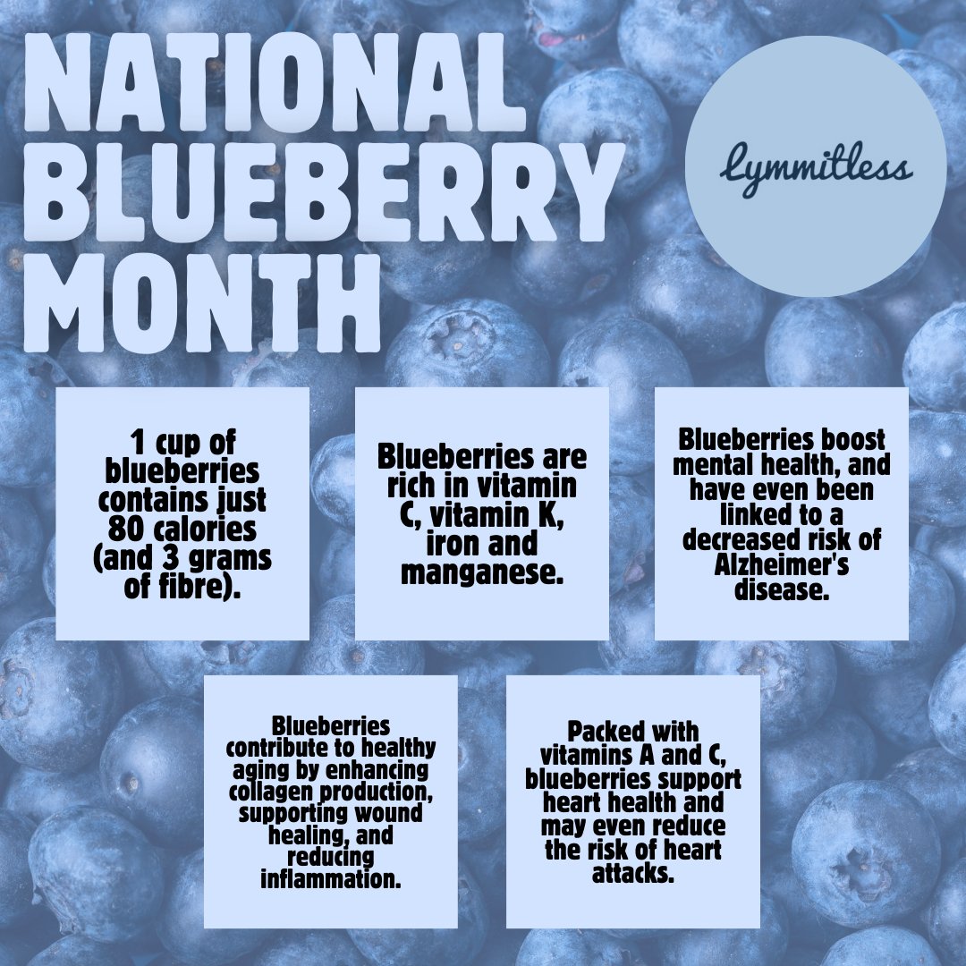 Lymmitless's tweet image. July is National Blueberry Month! 🫐
Here are some juicy facts to boost your fitness journey 💪 #NationalBlueberryMonth