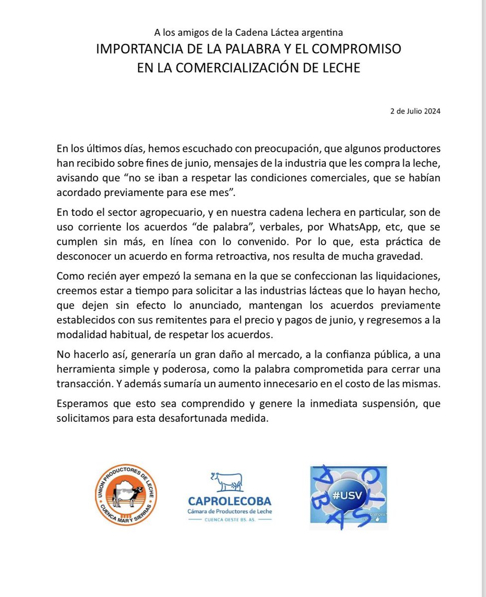 Los acuerdos son para cumplirse, romperlos implica un enorme daño al funcionamiento del mercado y la construcción de confianza entre los eslabones denla cadena.
