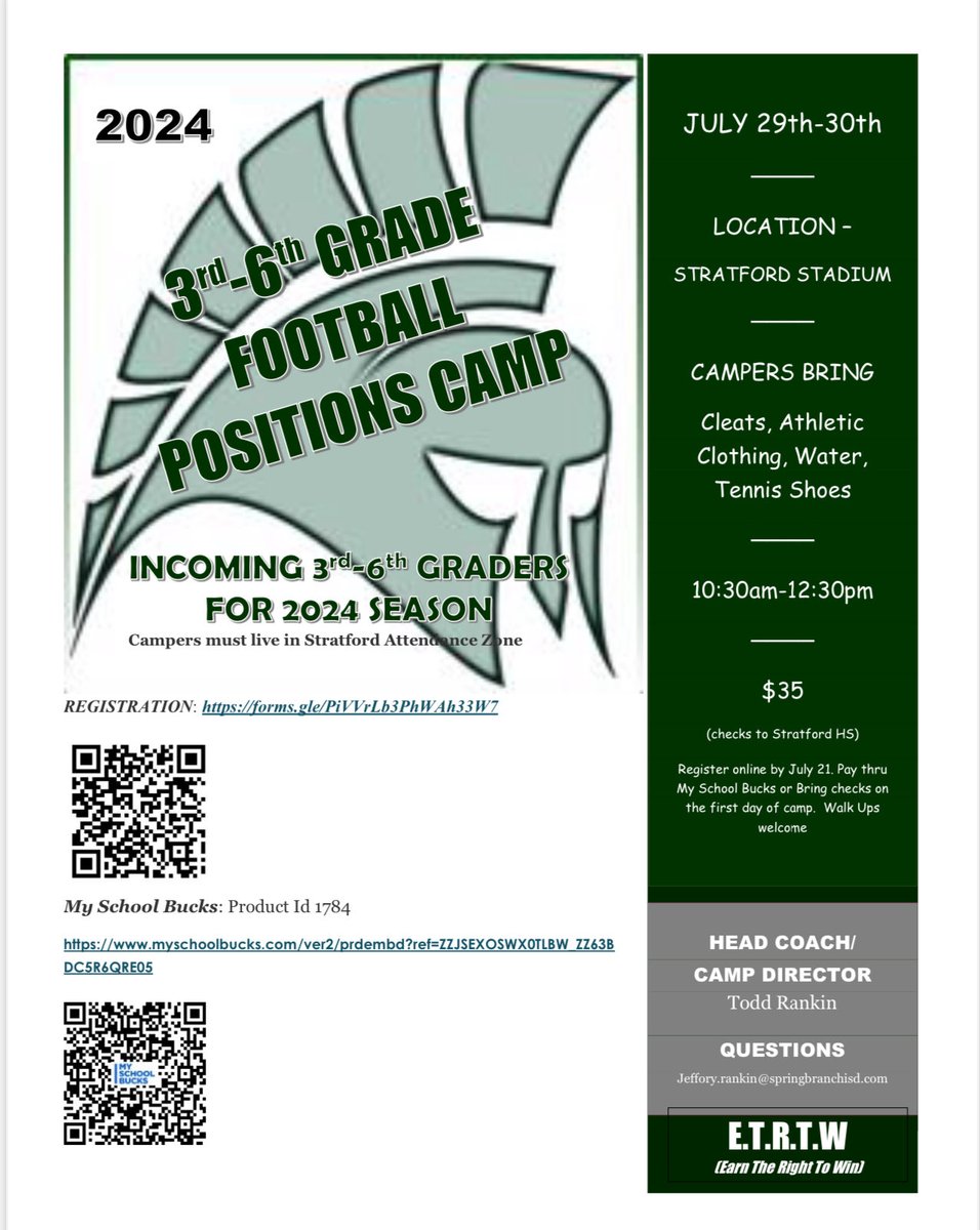 Spring Forest Athletics (@sfmsbobcats) on Twitter photo Attention all Bobcats & <a href="/MWE_HF/">MWE Health Fitness</a>!!!
<a href="/StratfordFB1/">Stratford Spartan Football</a> <a href="/77079Athletics/">Stratford High School Athletics</a> is providing a great opportunity for all interested in taking their football game to the next level!
Below are flyers with information for grades 3-6, and 7-9. Attention all Bobcats & <a href="/MWE_HF/">MWE Health Fitness</a>!!!
<a href="/StratfordFB1/">Stratford Spartan Football</a> <a href="/77079Athletics/">Stratford High School Athletics</a> is providing a great opportunity for all interested in taking their football game to the next level!
Below are flyers with information for grades 3-6, and 7-9.