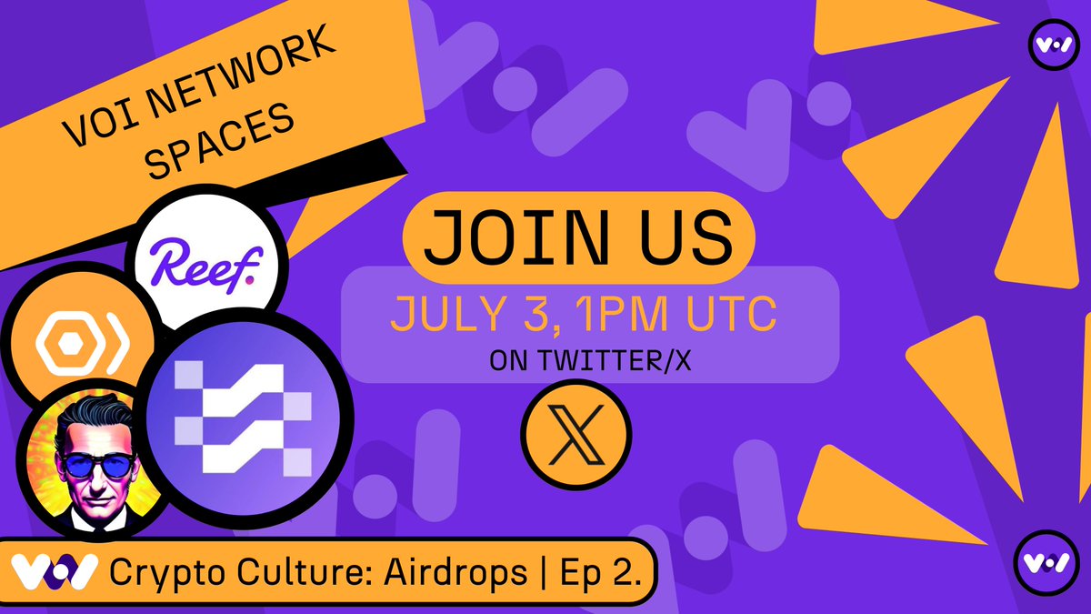 Do it for the culture 😎

Join us tomorrow at 1PM UTC, for a deep dive into crypto culture and a discussion on #airdrops. Featuring special guests from <a href="/Merlin_Starter/">Merlin</a>, <a href="/Reef_Chain/">🐠 Reef</a>, <a href="/Gasp_xyz/">Gasp (🔮,🔮)</a>, and <a href="/mrsergiomottola/">Sergio Mottola</a> of @MusicProtocolX! 💥

Hosted by Voi's own <a href="/voiJPEG/">cody.voi</a> 🚀

RSVP: