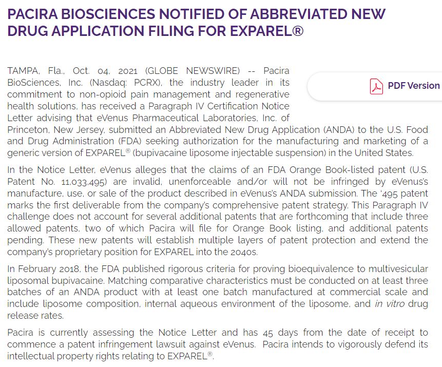 MookTrader's tweet image. Keep in mind $PCRX 's statement about their #Exparel patent portfolio. Wondering if todays -25% selloff is unwarranted?