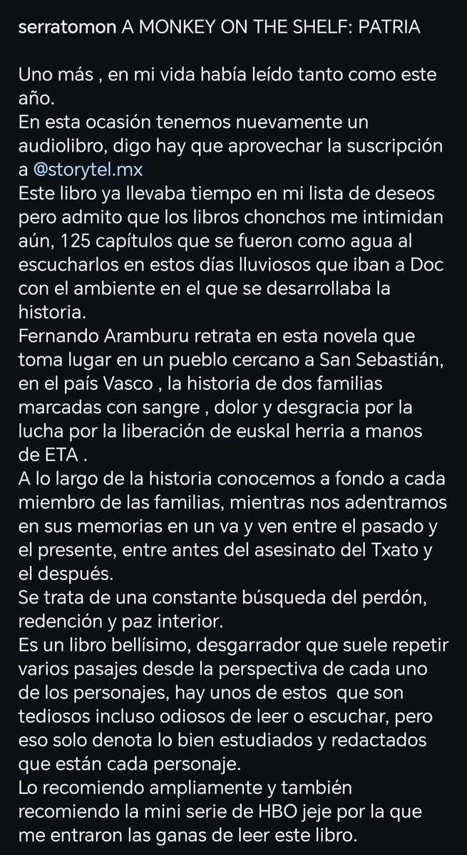 yoongishun's tweet photo. A MONKEY ON THE SHELF: PATRIA FERNANDO ARAMBURU.
Aprovechado la suscripción de @Storytel_MX  hemos escuchado está novela preciosa, cruda y llena de esa búsqueda de perdón y redención.
 https://t.co/tA1hvBJoI4 https://t.co/DyWm9hsVz2