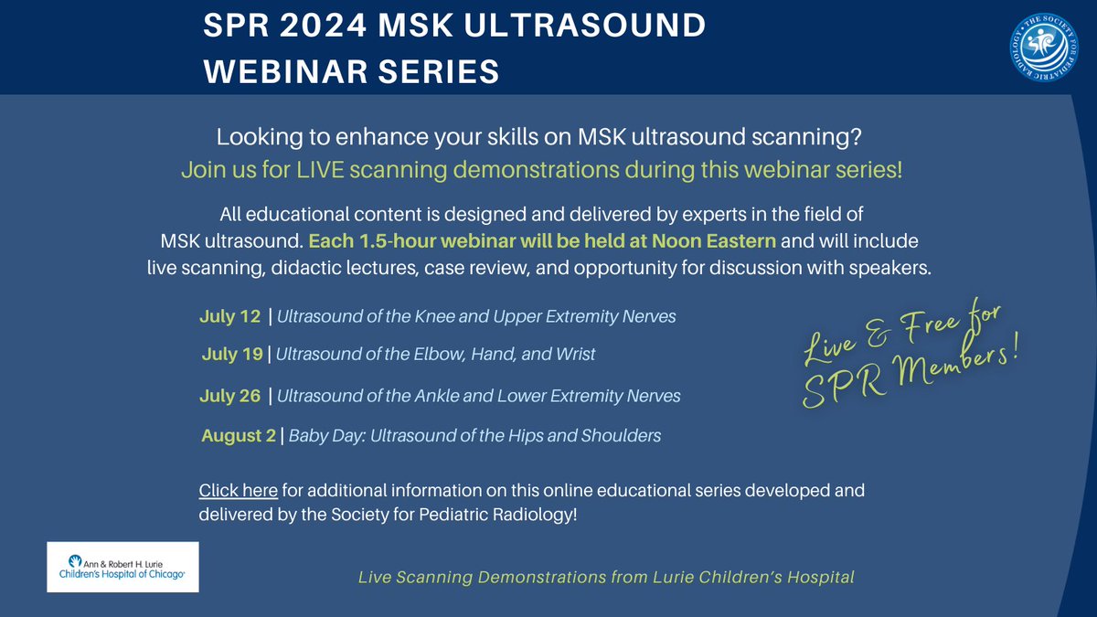 The Society for Pediatric Radiology (@socpedrad) on Twitter photo Join <a href="/SocPedRad/">The Society for Pediatric Radiology</a> for its MSK Ultrasound Webinar Series! The webinars will feature live scanning demonstrations, as well as didactic lectures and case review. Live online & FREE for SPR members! For more information on the webinars, click here. spr.org/events/ Join <a href="/SocPedRad/">The Society for Pediatric Radiology</a> for its MSK Ultrasound Webinar Series! The webinars will feature live scanning demonstrations, as well as didactic lectures and case review. Live online & FREE for SPR members! For more information on the webinars, click here. spr.org/events/