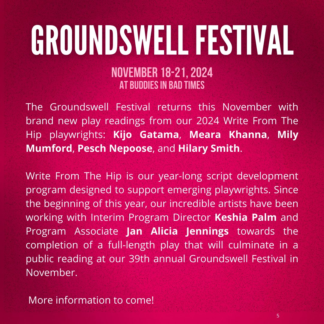 Nightwood Theatre (@nightwoodtheat) on Twitter photo Our Groundswell Festival will return November 18-21 at <a href="/buddiesTO/">Buddies in Bad Times Theatre</a> ! Featuring public readings of new work from our Write From The Hip playwrights: Kijo Gatama, <a href="/MearaKhanna/">KhannaMeara</a> , Mily Mumford, Pesch Nepoose, and Hilary Smith. More on our playwrights here: nightwoodtheatre.net/groundswell-fe⦠Our Groundswell Festival will return November 18-21 at <a href="/buddiesTO/">Buddies in Bad Times Theatre</a> ! Featuring public readings of new work from our Write From The Hip playwrights: Kijo Gatama, <a href="/MearaKhanna/">KhannaMeara</a> , Mily Mumford, Pesch Nepoose, and Hilary Smith. More on our playwrights here: nightwoodtheatre.net/groundswell-feā¦