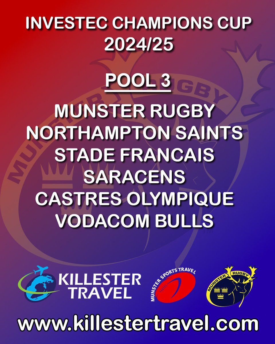KillesterTravel (@killester_group) on Twitter photo Some old adversaries in the Investec Champions Cup draw today for Munster Rugby. A possible trip to our old friends Castres!! Or Saints again. We will find out very soon! Official Munster Rugby travel with Killester Travel. Register now for details info@killestertravel.com #mrsc Some old adversaries in the Investec Champions Cup draw today for Munster Rugby. A possible trip to our old friends Castres!! Or Saints again. We will find out very soon! Official Munster Rugby travel with Killester Travel. Register now for details info@killestertravel.com #mrsc