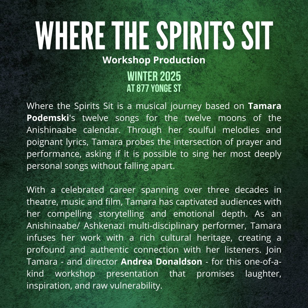 Nightwood Theatre (@nightwoodtheat) on Twitter photo Starting in 2025, we will be presenting a workshop production of <a href="/tamarapodemski/">Tamara Podemski</a> 's Where The Spirits Sit, directed by Nightwood AD Andrea Donaldson. This one-of-a-kind workshop will take place at our new 877 Yonge Street space! More information here: nightwoodtheatre.net/where-the-spir⦠Starting in 2025, we will be presenting a workshop production of <a href="/tamarapodemski/">Tamara Podemski</a> 's Where The Spirits Sit, directed by Nightwood AD Andrea Donaldson. This one-of-a-kind workshop will take place at our new 877 Yonge Street space! More information here: nightwoodtheatre.net/where-the-spirā¦