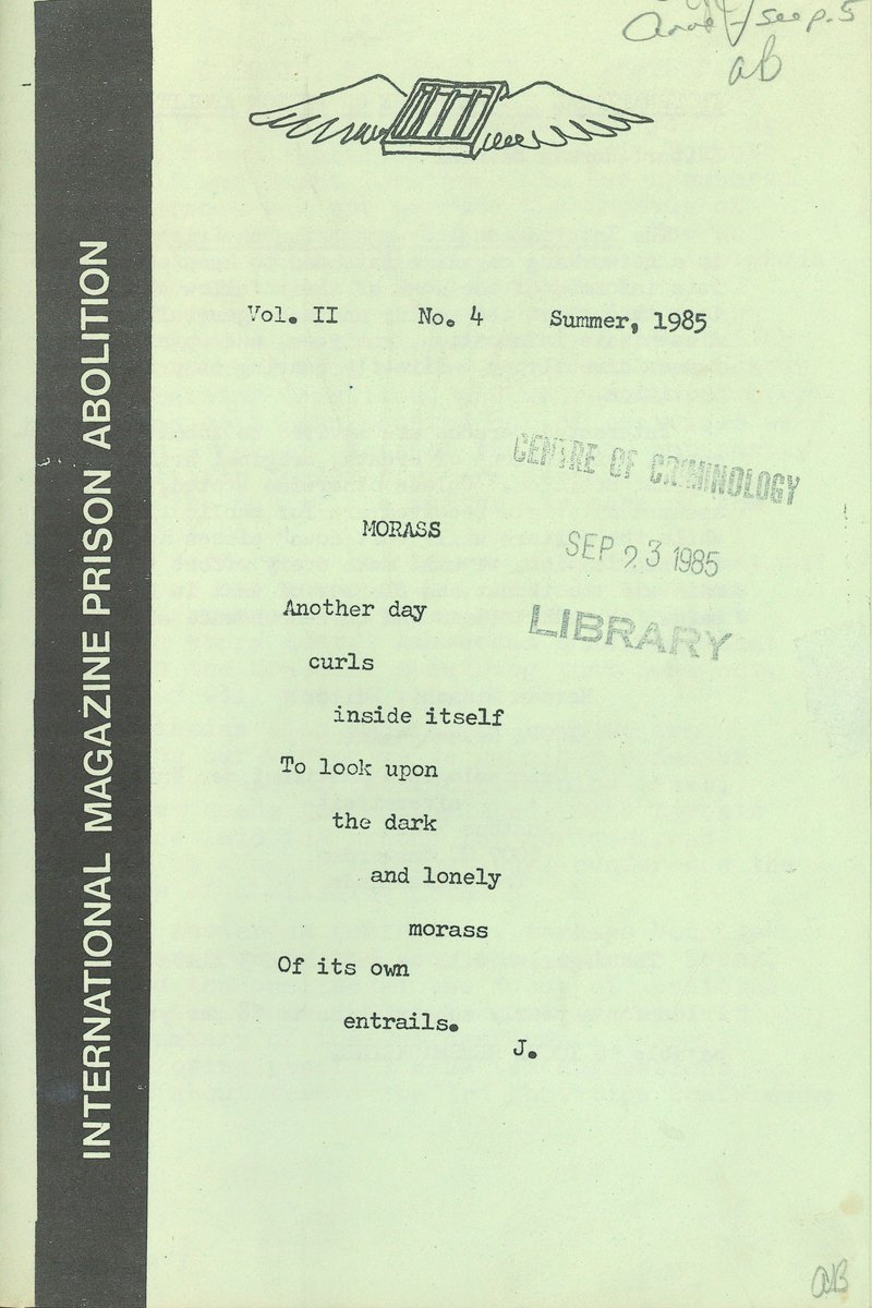 CrimLib's tweet photo. The International Magazine Prison Abolition edited by Ruth Morris was a "networking magazine intended to keep abolitionists informed of the work of their fellow abolitionists throughout the world." https://t.co/mD9qrZfsWY