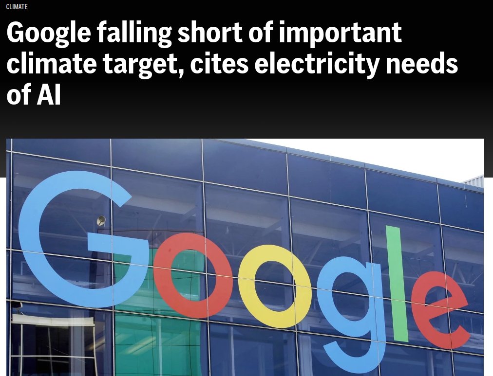 First Microsoft, now Google are failing to meet their climate targets, citing AI's electricity use: 
"Rather than declining, [Google's] emissions grew 13% in 2023 over the year before. Compared to [...] 2019, emissions have soared 48%."
This is what we should be concerned about,