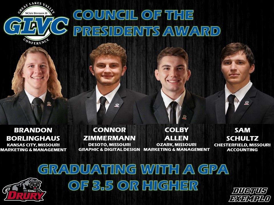 Drury_Wrestling's tweet photo. Drury Wrestling Alumni continue to impress!
Four graduated seniors have just been named GLVC Council of the Presidents Award Winners. https://t.co/HEIp1rLg6U