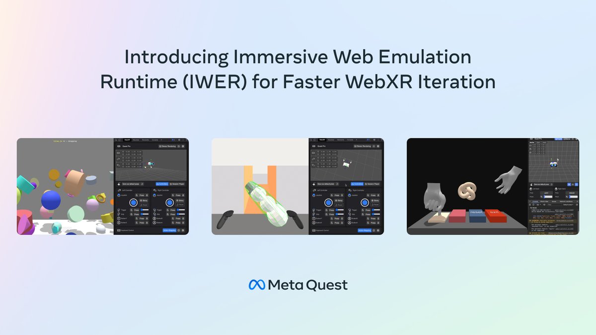 MetaHorizonDevs's tweet image. 🚀 Exciting news for WebXR developers! We're thrilled to launch the Immersive Web Emulation Runtime (IWER), a WebXR runtime built for emulating XR environments in any modern browser. Get ready for enhanced flexibility, compatibility and testing ocul.us/3VNqEOv
#WebXR