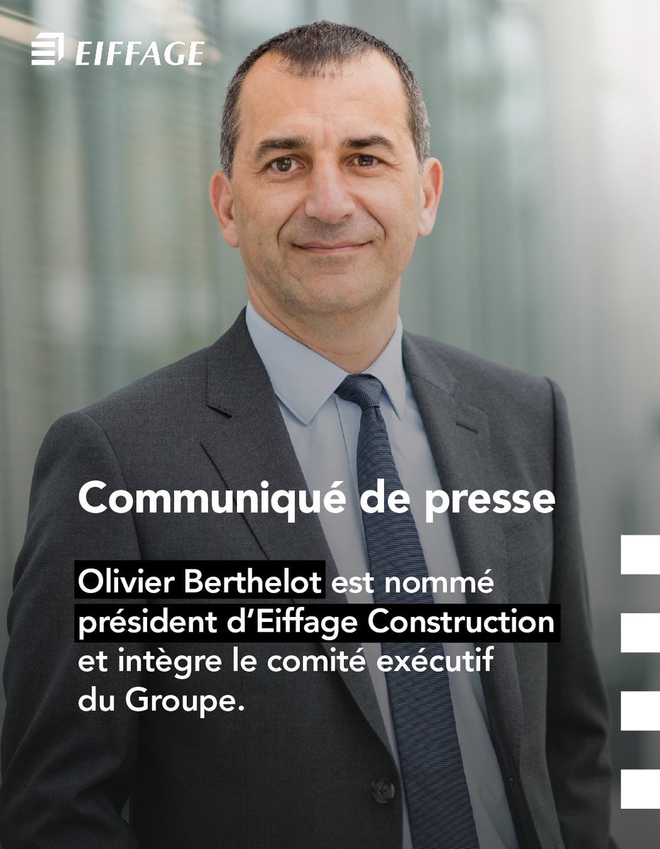 eiffage's tweet photo. Olivier Berthelot a été nommé président d’Eiffage Construction le 1er juillet 2024 et intègre à ce titre le comité exécutif du Groupe. 

Lire le communiqué de presse 👉https://t.co/sdjj9Cqe4Y https://t.co/4vQHtDWem2