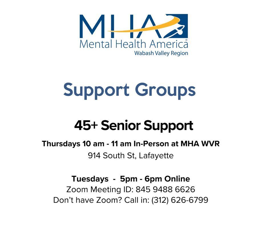 Have you heard about our newest Support Group for those 45+? Online tonight and every Tues 5-6pm on Zoom &amp; in person Thurs from 10-11am at MHA, 914 South St. Lafayette. Visit our support groups page for the link or call 312-626-6788. buff.ly/3XGyFHv  
#mentalhealth