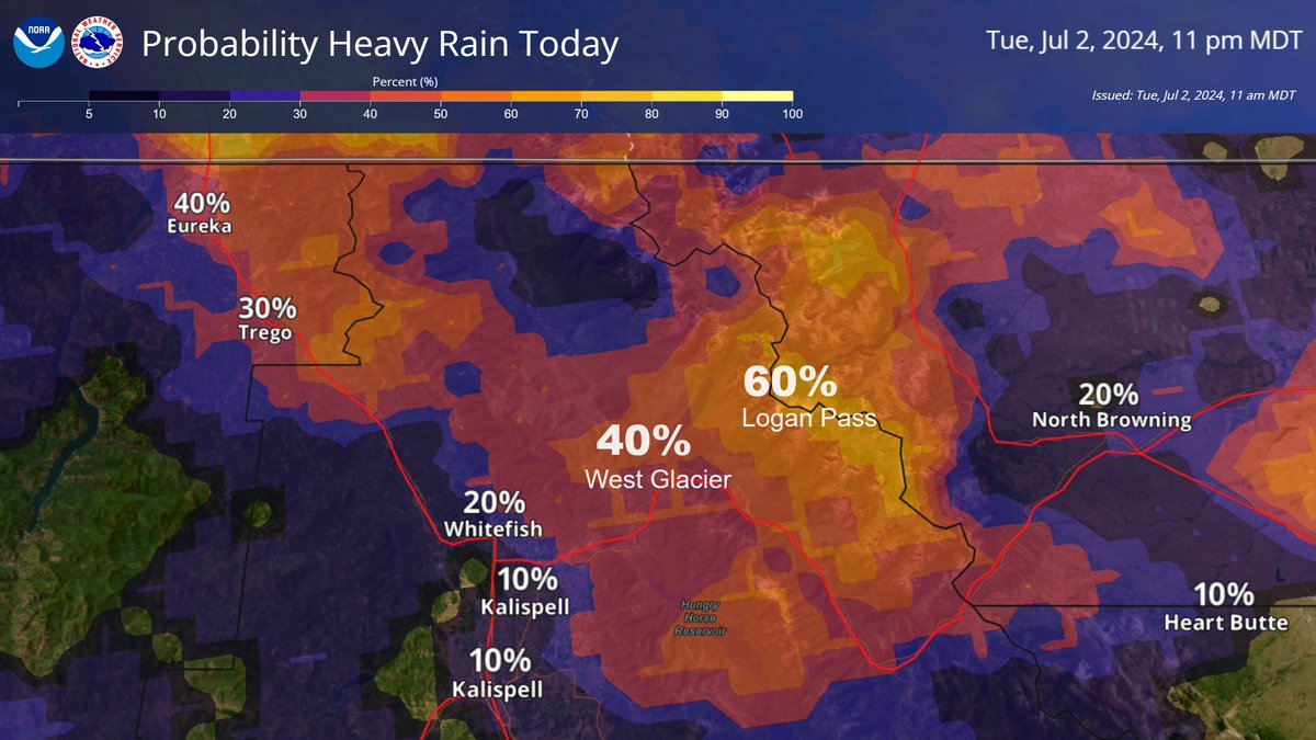 NWSMissoula's tweet photo. [1146am MDT 7/2] There is a 60% chance for heavy rain at Logan Pass in @GlacierNPS this afternoon and evening. Be advised: There's an elevated risk of rockfall on Going-To-The-Sun Road. #mtwx  #RainJacket https://t.co/jMEdkNqrPM