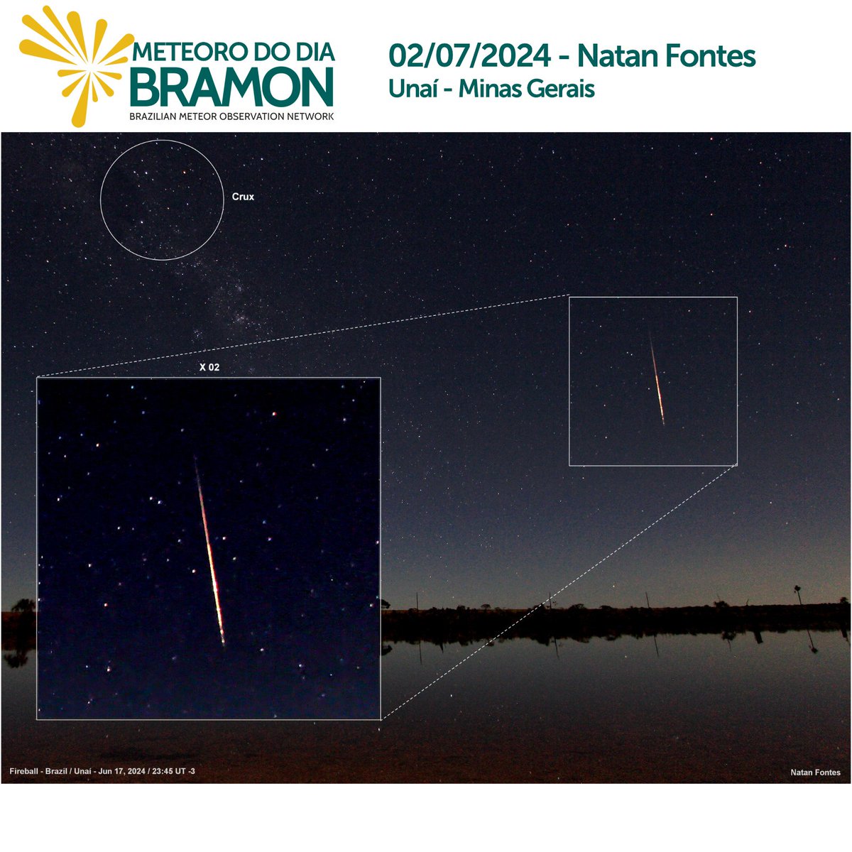 O meteoro do dia 02 de julho foi capturada no dia 17 de junho pelo astrofotografo Natan Fontes durante uma noite de observação na região rural de Unaí Minas Gerais próximo ao DF
Ele se dedica a startrails, planetas, Lua e Sol
#BRAMON #bramonmeteor #meteoro #casb #unai #astronomia