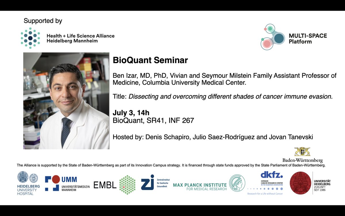 Natalia Gabrielli (@natgabrielli) on Twitter photo Tomorrow at BioQuant : Dissecting and overcoming different shades of cancer immune evasion by Benjamin Izar. Join us! Supported by <a href="/ResearchLifesci/">Health + Life Science Alliance Heidelberg Mannheim</a>
Hosted by: <a href="/DenisSchapiro/">Denis</a> , <a href="/JulioSaezRod/">Julio Saez-Rodriguez</a> and <a href="/tanevski/">Jovan Tanevski</a>
Organised by MULTI-SPACE
bioquant.uni-heidelberg.de/events/f0a61afc Tomorrow at BioQuant : Dissecting and overcoming different shades of cancer immune evasion by Benjamin Izar. Join us! Supported by <a href="/ResearchLifesci/">Health + Life Science Alliance Heidelberg Mannheim</a>
Hosted by: <a href="/DenisSchapiro/">Denis</a> , <a href="/JulioSaezRod/">Julio Saez-Rodriguez</a> and <a href="/tanevski/">Jovan Tanevski</a>
Organised by MULTI-SPACE
bioquant.uni-heidelberg.de/events/f0a61afc