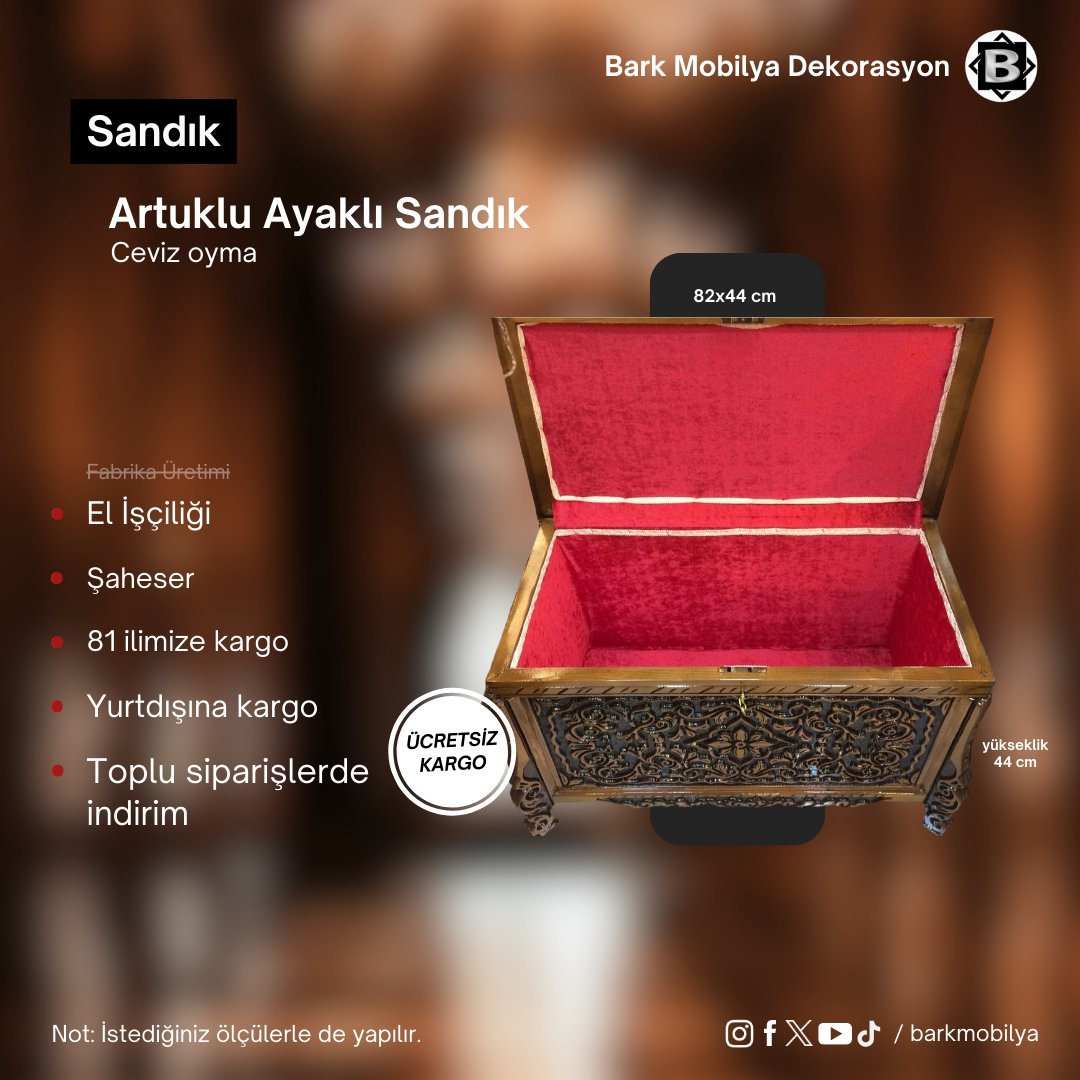 🖤 Evinize zerafet katacak bir ürün: Artuklu Ayaklı Sandık!

• 81 ilimize ücretsiz kargo
• %100 EL İŞÇİLİĞİ İLE üretilmiştir
• Ürünlerimiz sıfır ve yenidir
• Toplu siparişlerde indirim mevcuttur
• İstediğiniz ölçüde yapıyoruz
• Onlarca ülkeye kargo mevcuttur

0