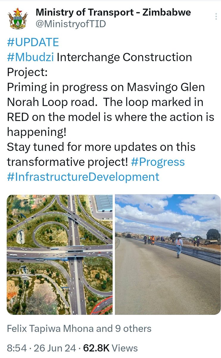 #ROADWORKUPDATE
Progress on Masvingo Glen Norah Loop!

Surfacing works are currently underway

Check out the attached map to see the exact location (marked in green)
Stay tuned for more updates! #RoadWorks #KilometerbyKilometer #InfrastructureDevelopment