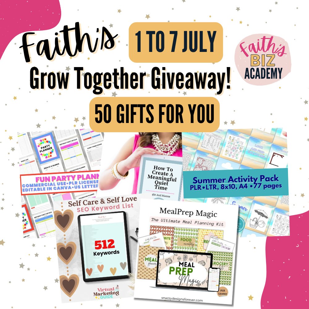 SRDigitalShop's tweet image. Faith's Grow Together Giveaway is here, and it’s
HUGE! From July 1-7, you can grab over 50 FREE
personal use and business development products!
🎁✨(afflink): bit.ly/FGTGSR