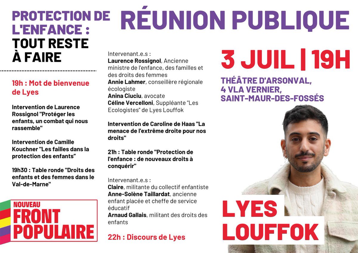 Heureuse d'intervenir aux côtés du candidat du #FrontPopulaire <a href="/LyesLouffok/">Lyes Louffok</a> demain soir pour défendre les #droits des #enfants en situation d'extrême #précarité et des #femmes Rroms face à la menace #fasciste que représente le #RN !