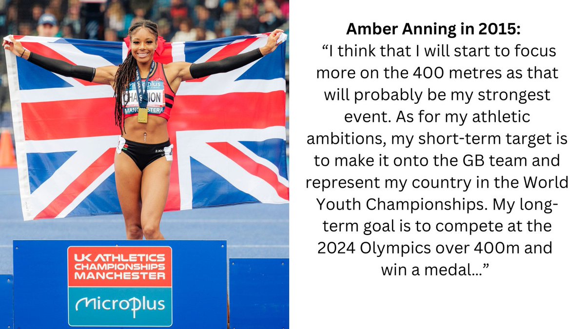 Aged 14, <a href="/amberanning/">Amber Anning</a> was interviewed by <a href="/SussexLifeMag/">Sussex Life</a> after breaking <a href="/dinaashersmith/">Dina Asher-Smith</a>'s <a href="/BritAthletics/">British Athletics</a> U15 300m record with a 38.73s run to become the first, and to date only, U15 to run under 39 seconds. On Sunday, she secured her Paris Olympics slot. greatbritishlife.co.uk/magazines/suss…