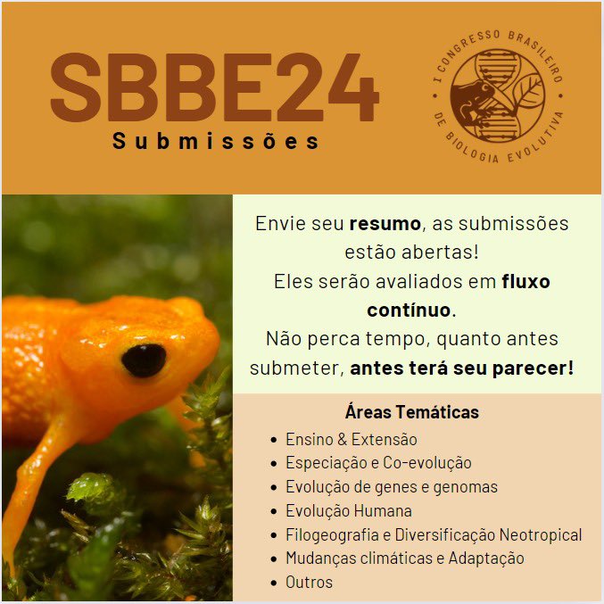 sbbe_oficial's tweet image. 📄🔬Submissões abertas para o SBBE24! 🌟 Envie seu resumo! 👩🏽‍💻 Avaliações em fluxo contínuo, então submeta já! 🧬 Participe do I Congresso Brasileiro de Biologia Evolutiva. 🌳

🔗 Saiba mais e inscreva-se pelo link na bio!

#biologiaevolutiva #SBBE #SBBE24 #evolução #ufpr
