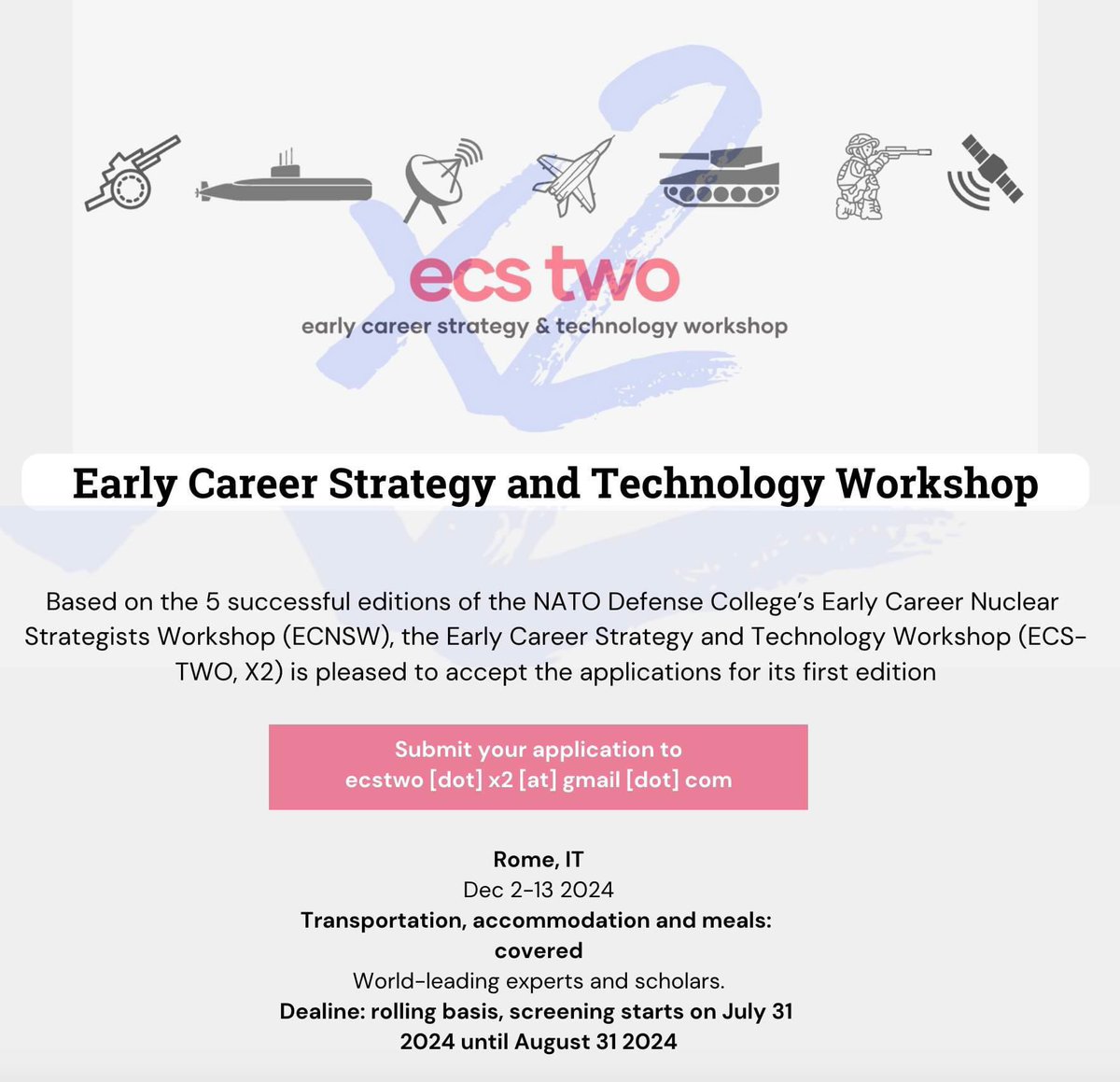 Pleased to launch ECSTWO (X2). Here the info. Deadline: Aug 31, but screening starts on July 31.

Fyi: <a href="/BrunoTertrais/">Bruno Tertrais</a> <a href="/DanielFiott/">Daniel Fiott</a> <a href="/shashj/">Shashank Joshi</a> 

ecstwox2.my.canva.site