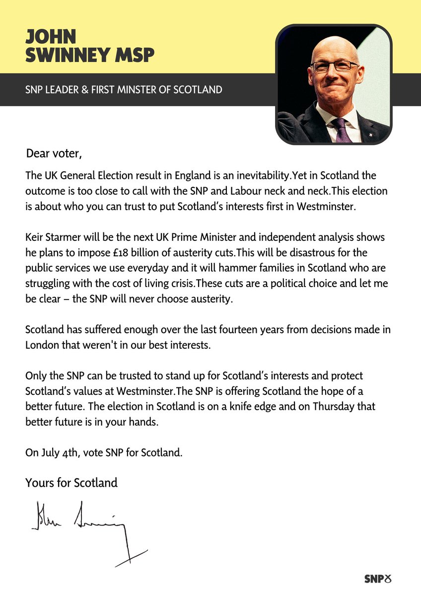 🚨 Thursday's election is on a knife edge - and every single vote will count.

📣 "Only the SNP can be trusted to stand up for Scotland’s interests and protect Scotland’s values at Westminster."

📝 Read <a href="/JohnSwinney/">John Swinney</a>'s letter to voters.