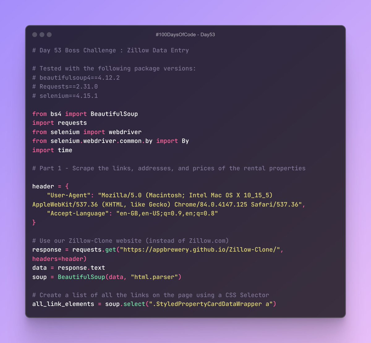 Birendra_Tech's tweet photo. 🚀 Day 53 of #100DaysOfCode! Built a Zillow Data Entry program using Python, BeautifulSoup, Requests, and Selenium. 🏠🤖 #WebScraping #Automation #Python #Selenium #CodingJourney #Day53 #100DaysOfCode https://t.co/jXI6gctHqK