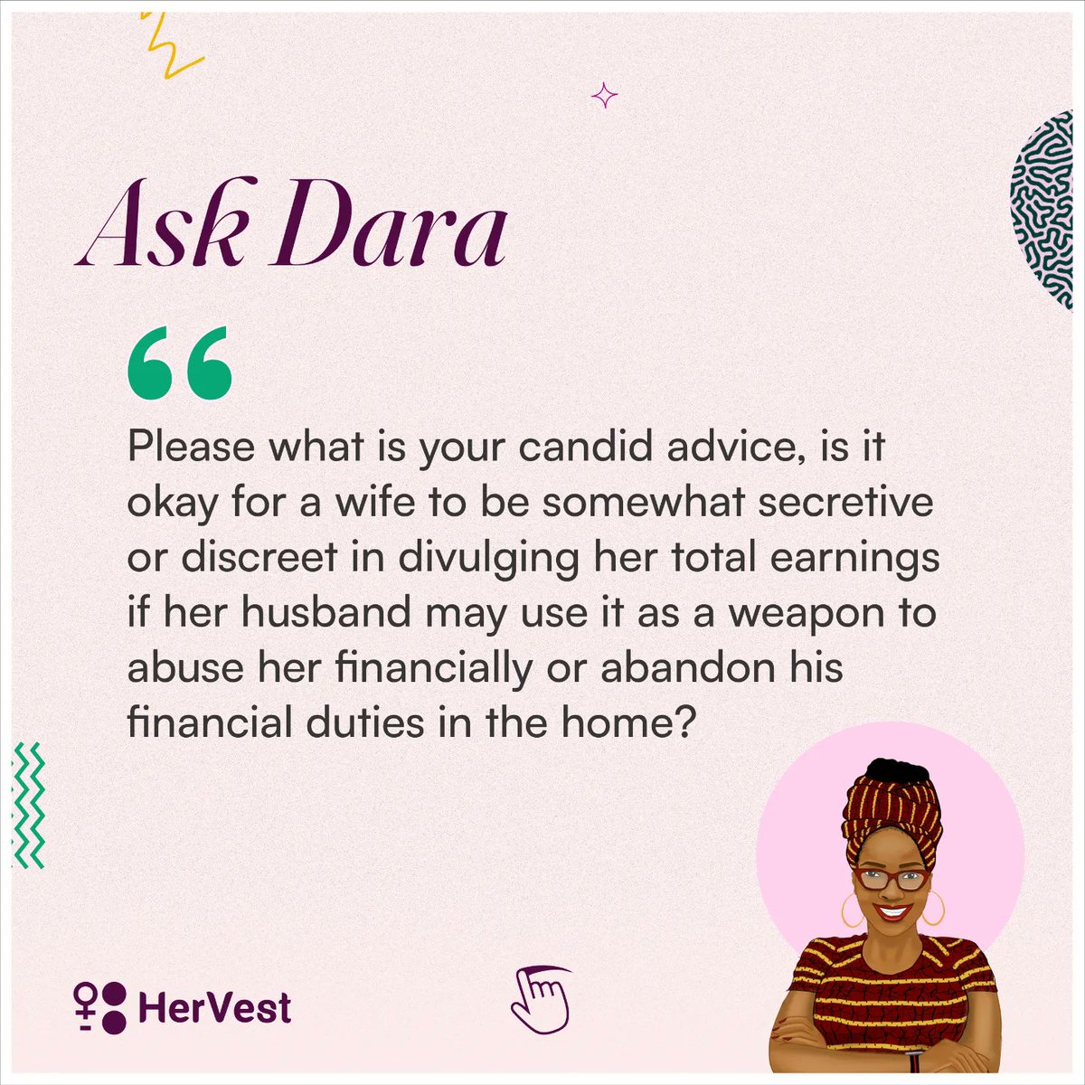 Hervestng's tweet photo. In today’s edition, Dara answers the timeless question on whether it’s a smart move to divulge your earnings to your spouse. 

Read Dara's response on https://t.co/OStfHuNTdX

#AskDara #FinancialPlanning https://t.co/MoBS7kOtUw