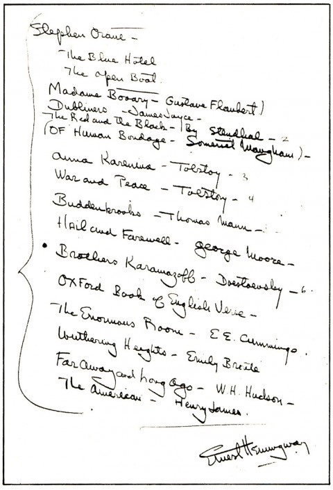 johnstonglenn's tweet image. Ernest Hemingway’s book recommendations:

The Blue Hotel – Crane
The Open Boat – Crane
Madame Bovary – Flaubert
Dubliners – Joyce
The Red and the Black – Stendhal
Of Human Bondage – Maugham
Anna Karenina – Tolstoy
War and Peace – Tolstoy