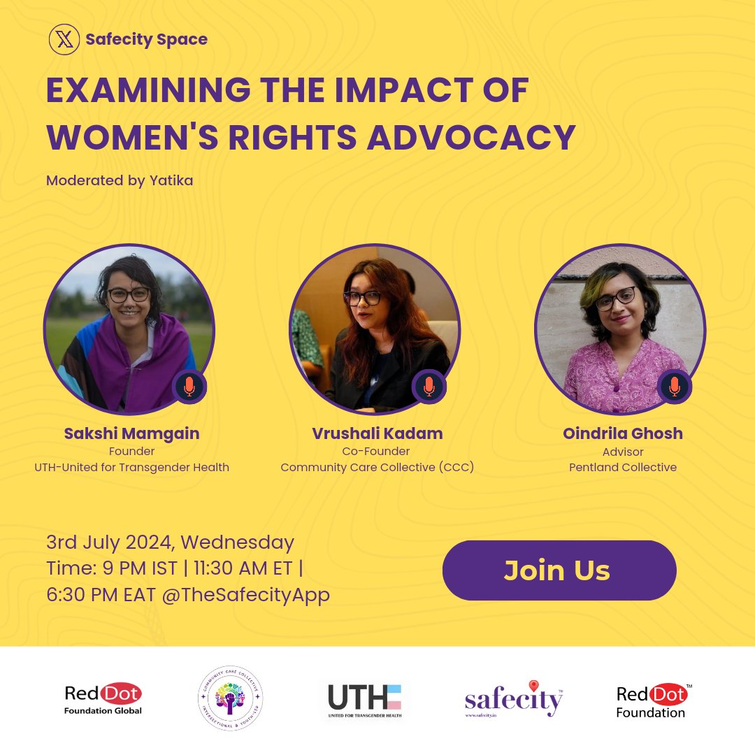 📢Please join us for a #Safecity Space with Sakshi Mamgain (<a href="/bigdiyanauni/">Sakshi Mamgain</a>), Vrushali Kadam (@vrushalimkadam) &amp; Oindrila Ghosh (<a href="/oindrila31/">Oindrila (elle/they/she) 🍉</a>) on "Examining the Impact of Women's Rights Advocacy"

 🗓3rd July, 2024
⏰9:00 PM IST | 11.30 AM ET
📍bit.ly/SafecitySpace_…
