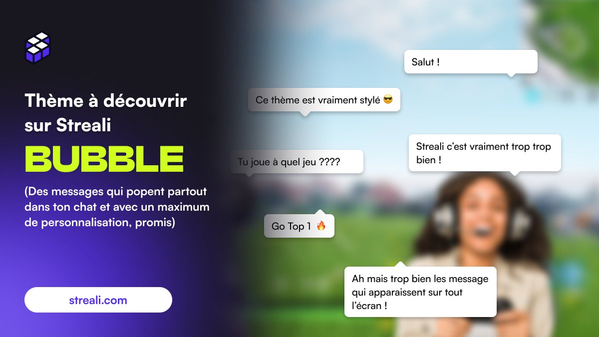 Nouveau thème de chat à découvrir en exclu sur Streali : Bubble 🫧💬

Opte pour des messages qui s'affichent partout sur ton chat et à personnaliser comme tu l'entends pour une expérience originale pendant tes lives.

➡️ Télécharge Bubble ici : streali.com/chats/bubble