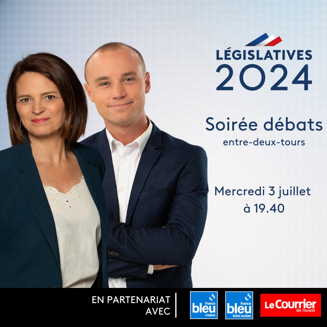 🔵À quelques jours du 2nd tour des #Législatives, soirée débats ce mercredi 3 juillet dès 19h40 : la parole aux #candidats de 3 circonscriptions de la région en partenariat avec @bleuloireocean , @bleumaine et <a href="/courrierouest/">Le Courrier de l'Ouest</a> 
Le détail des débats ici ➡️francetvpro.fr/contenu-de-pre…