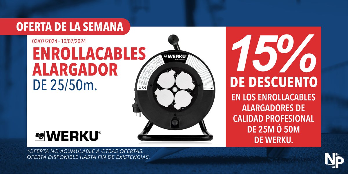 Ya está disponible la oferta de la semana en nuestras tiendas:
¿Necesitas un alargador de calidad profesional para tus reformas? Solo esta semana, los alargadores Werku de 25m. o 50m. tienen un 15% de descuento. ¿Vas a dejar pasar esta estupenda oportunidad?
