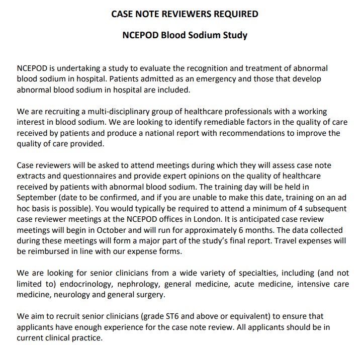 We need clinicians to assess the care received by adults with abnormal #bloodsodium - for info see bit.ly/3VOgXiP or email us sodium@ncepod.org.uk <a href="/Soc_Endo/">Society for Endo</a> <a href="/acutemedicine/">SAM Online</a> <a href="/FICMNews/">FICMNews</a> <a href="/RCPhysicians/">Royal College of Physicians</a> <a href="/RCollEM/">Royal College of Emergency Medicine</a> <a href="/ICS_updates/">Intensive Care Society 💙</a> <a href="/LabMedNews/">Association for Laboratory Medicine</a> <a href="/theRCN/">The RCN</a> <a href="/RCSnews/">The Royal College of Surgeons of England</a> <a href="/asgbi/">ASGBI</a> <a href="/theABN_Info/">Association of British Neurologists</a>