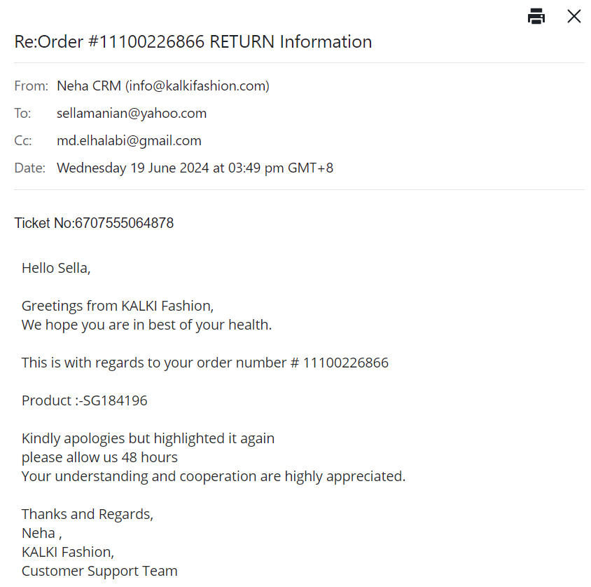 sellamanian's tweet photo. @kalkifashion @kalkifashion1 Last email promised for refund in 48hours and gone missing. Many promises previously however no refund to date and unable to contact and failed to respond. Disappointed on global countries. @indiafashioncap @globalconsumer https://t.co/P4xO8PgmKb