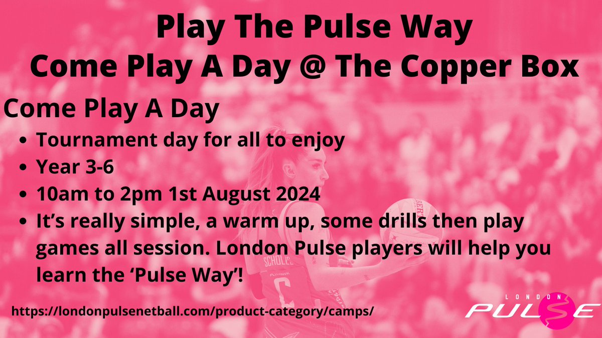 Summer Masterclasses and Camps are headed your day.

Book on now for summer netball fun!

Come Play A Day

londonpulsenetball.com/product-catego…