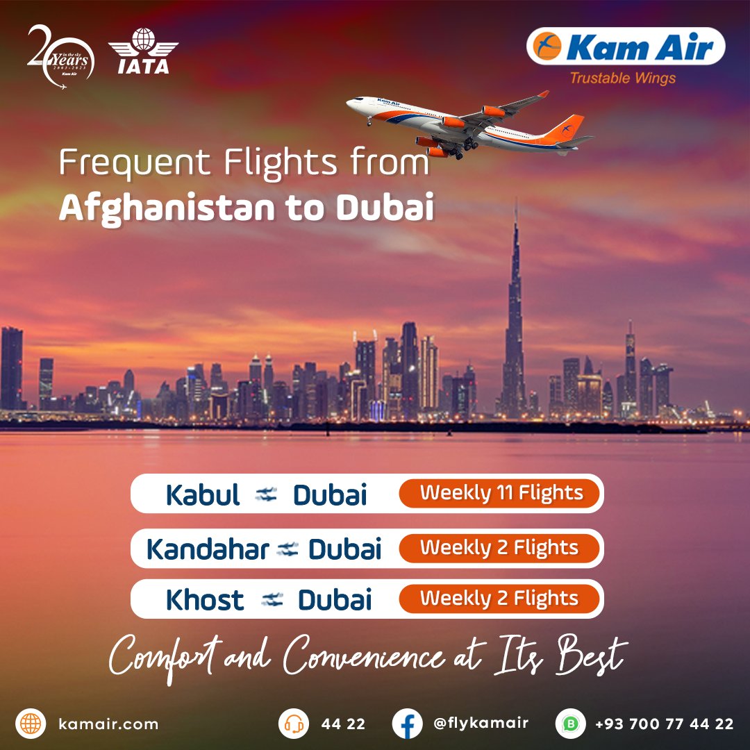 KamairRQ's tweet photo. Your path to Dubai begins with Kam Air! โ๏ธ
Enjoy convenient departures from Afghanistan to Dubai, with 11 flights from Kabul, 2 from Kandahar, and 2 from Khost. Experience seamless travel and ultimate comfort.
#KamAir #DiscoverDubai #FlyWithComfort #BookNow https://t.co/Tg5IwfRyxx