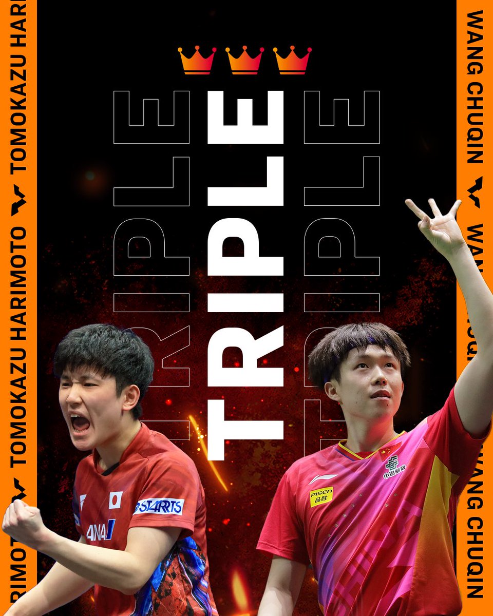 WTTGlobal's tweet photo. Everything's gonna be ๐๐๐โ
โ
Tomokazu Harimoto & Wang Chuqin are the only 2 #TableTennis stars in the exclusive Triple Crown club at the end of the first half of the 2024 season ๐ฅ
โ
See Harimoto's tribute to Wangโs iconic ๐ pose at #SaudiSmash ๐โ
โ
#WTTTunis #PingPong https://t.co/OzbD4HAz9r
